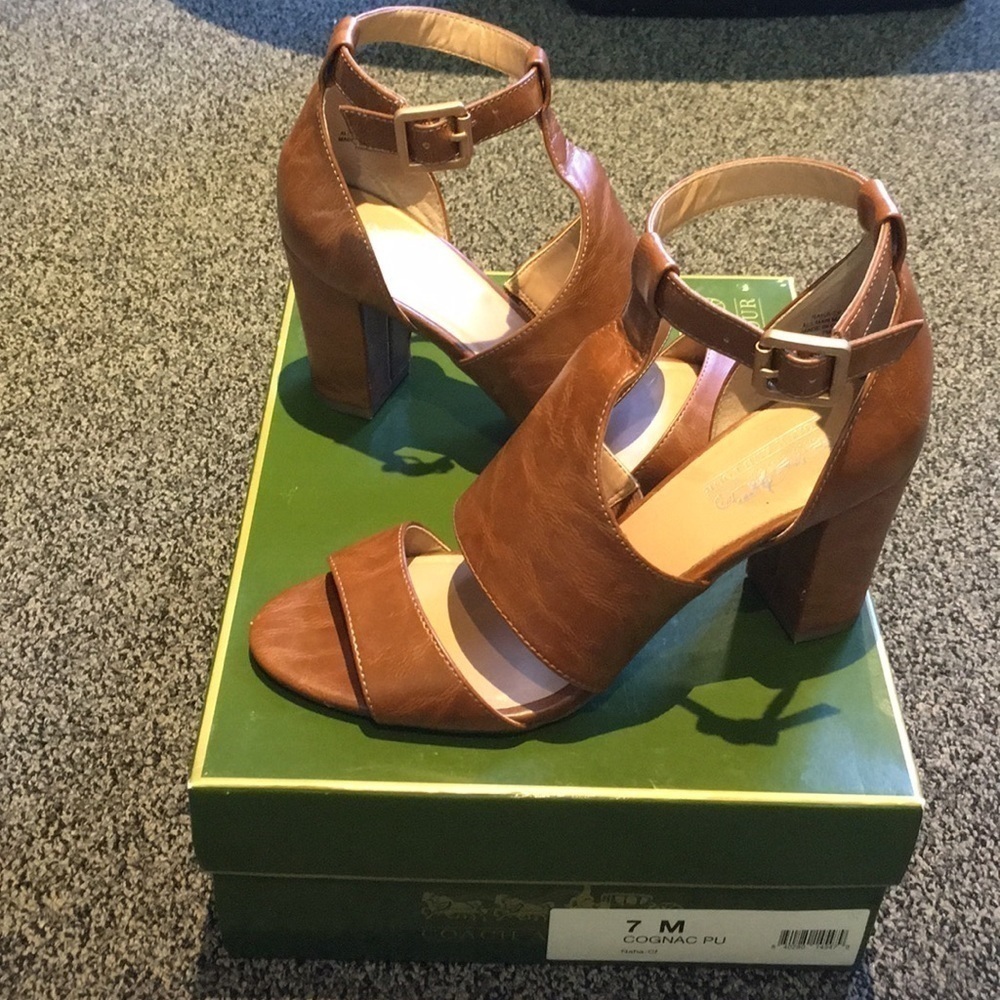 Coach and Four 3” Brown Strap Padded Footbed Block Heels Box Included Size 7